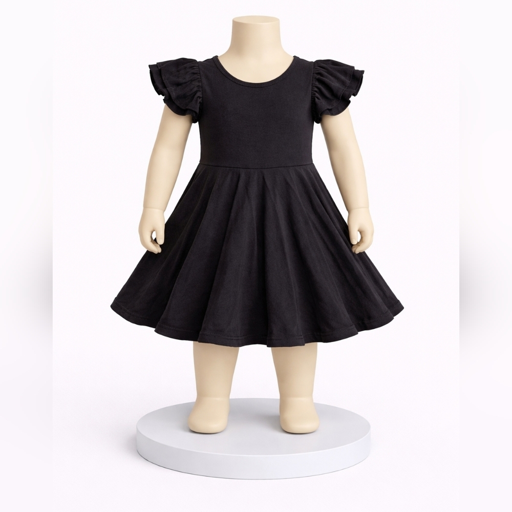 Sweet Peas Bamboo Girls' Black Short Ruffle Sleeve Twirl Dress